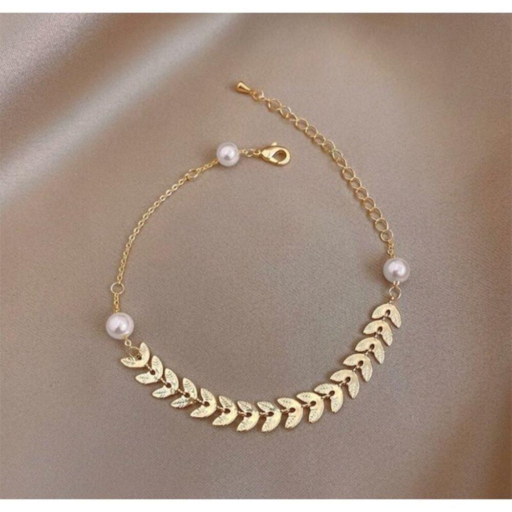 NEW Boho White Pearl Leaflet Delicate Feather Charm Bracelet Anklet Gold A0126